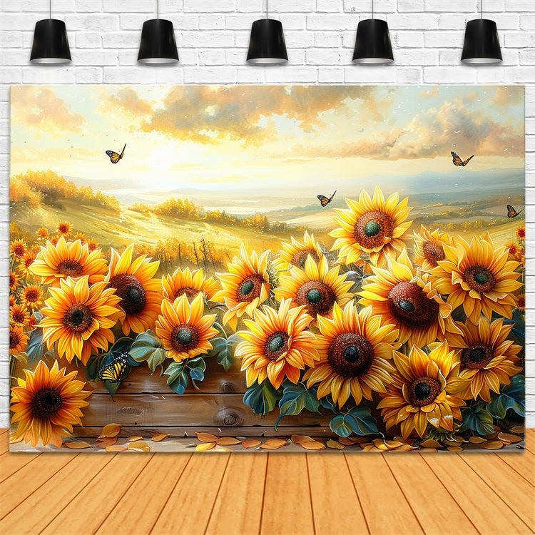 Golden Sunflowers Floating Butterflies Sunset Sky Backdrop UK BRP9-183