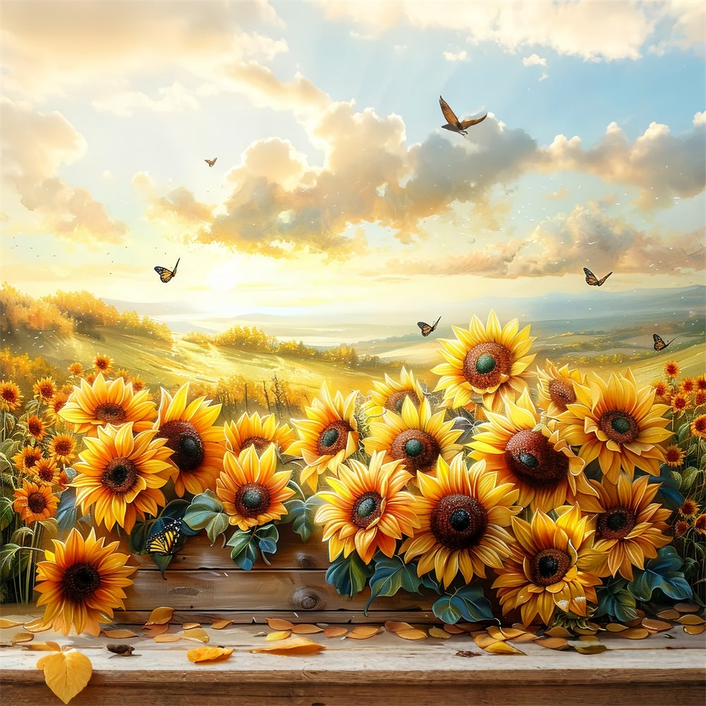 Golden Sunflowers Floating Butterflies Sunset Sky Backdrop UK BRP9-183