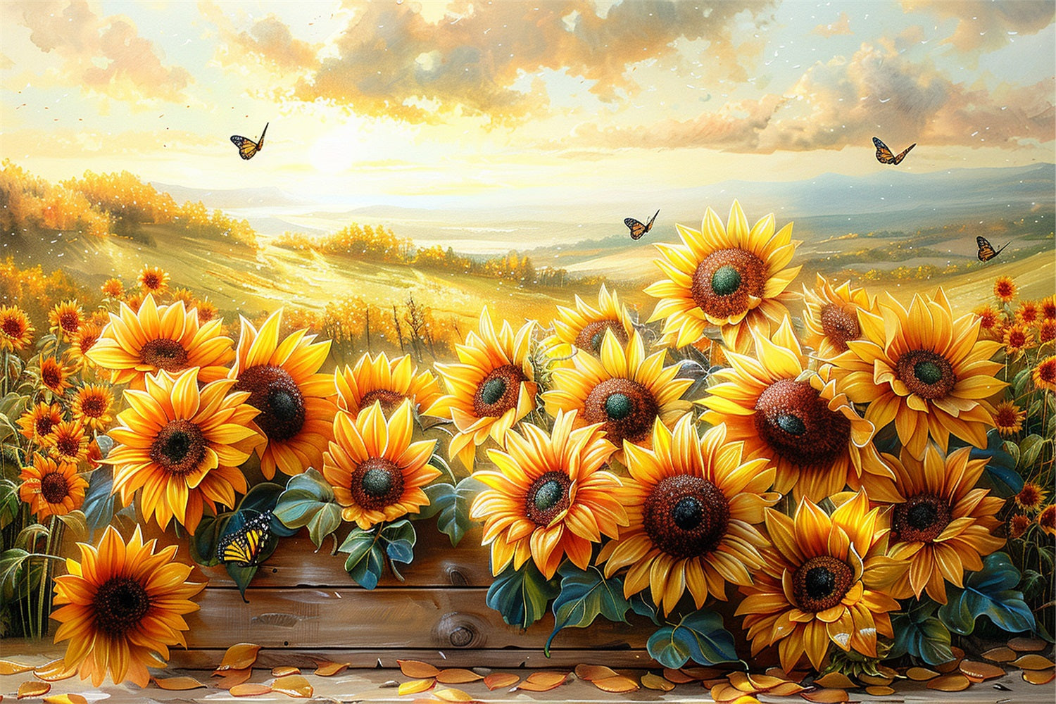 Golden Sunflowers Floating Butterflies Sunset Sky Backdrop UK BRP9-183