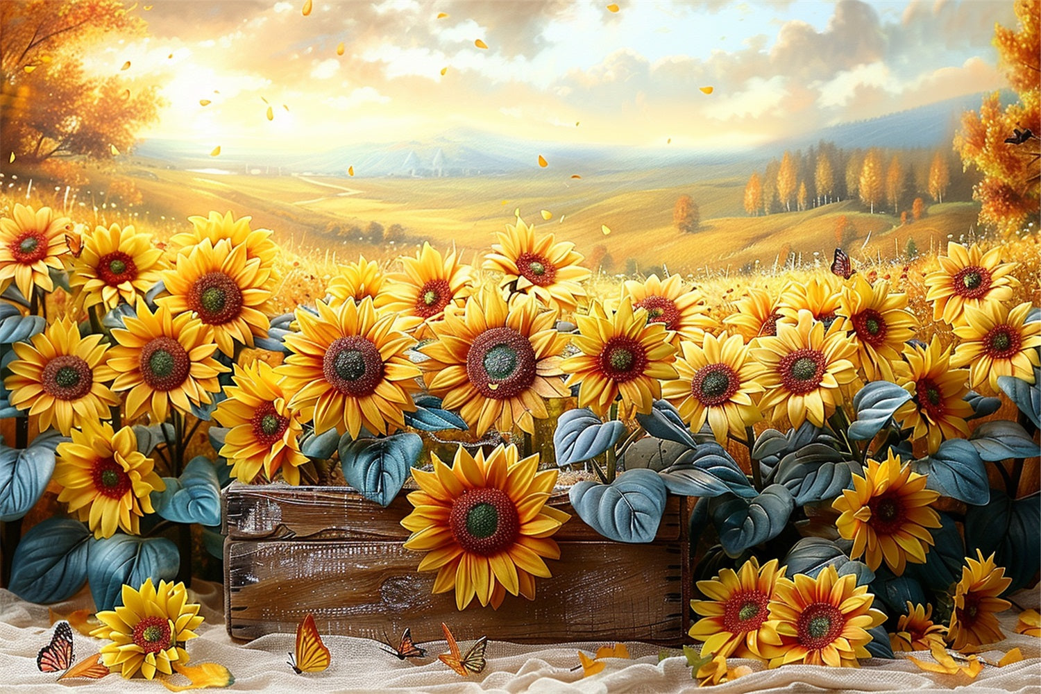 Autumn Sunflowers Falling Petals Warm Light Backdrop UK BRP9-184