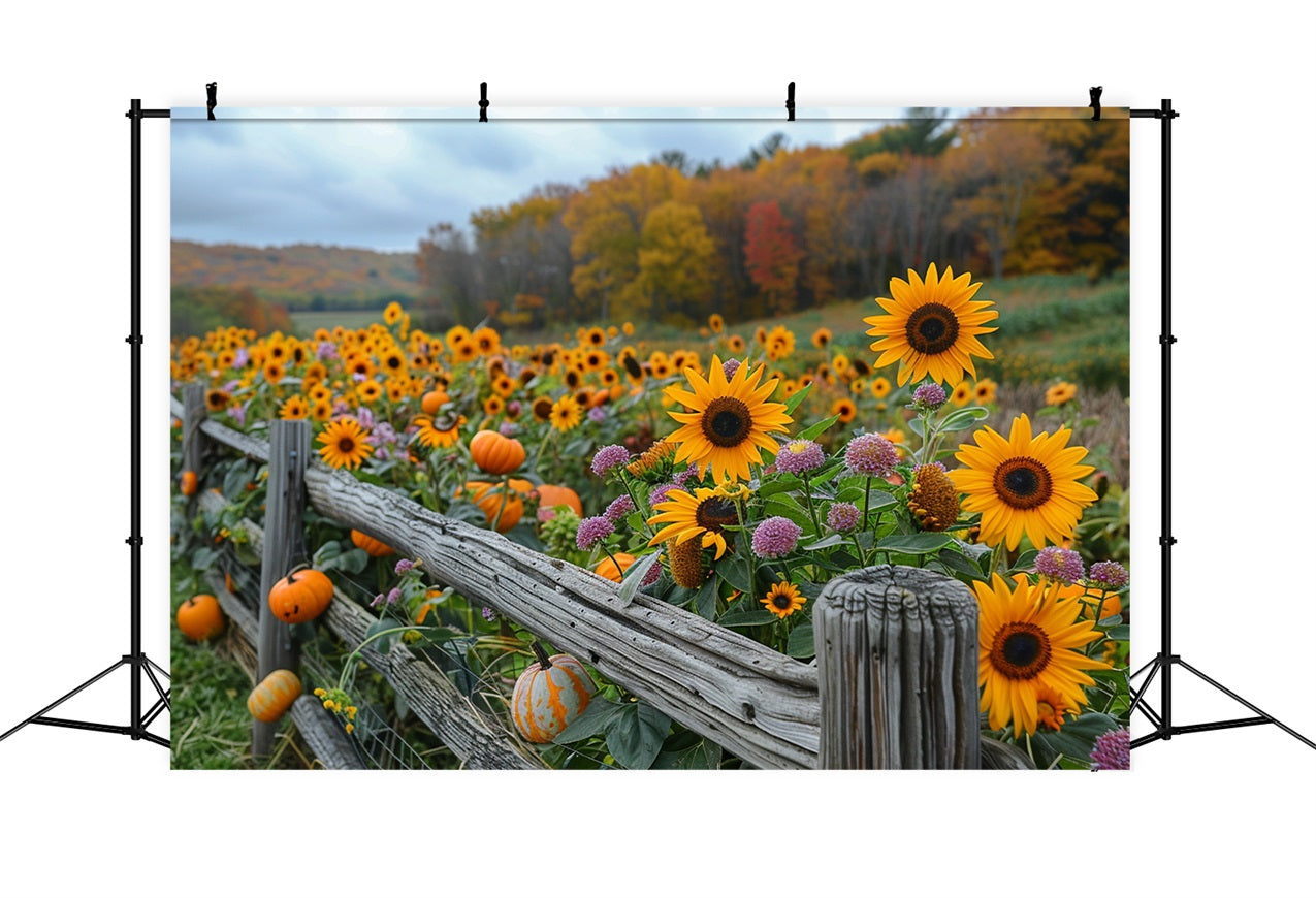 Golden Sunflowers Pumpkins Rustic Wooden Fence Backdrop UK BRP9-185