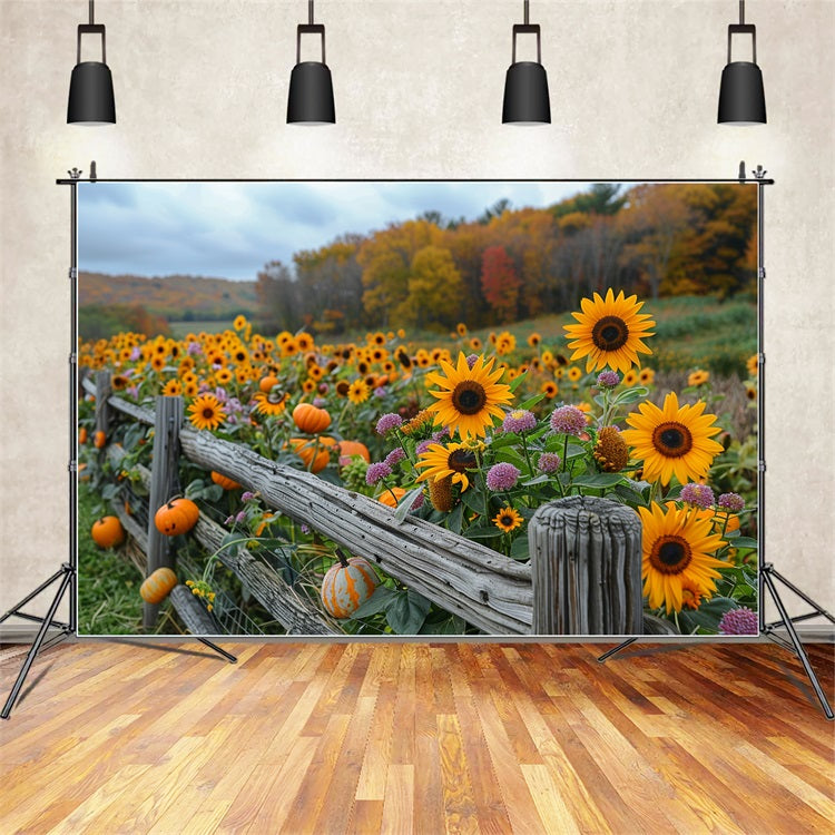 Golden Sunflowers Pumpkins Rustic Wooden Fence Backdrop UK BRP9-185