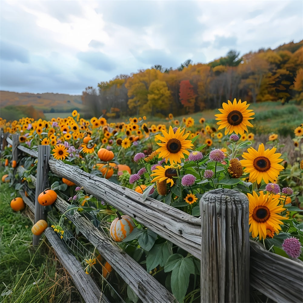 Golden Sunflowers Pumpkins Rustic Wooden Fence Backdrop UK BRP9-185