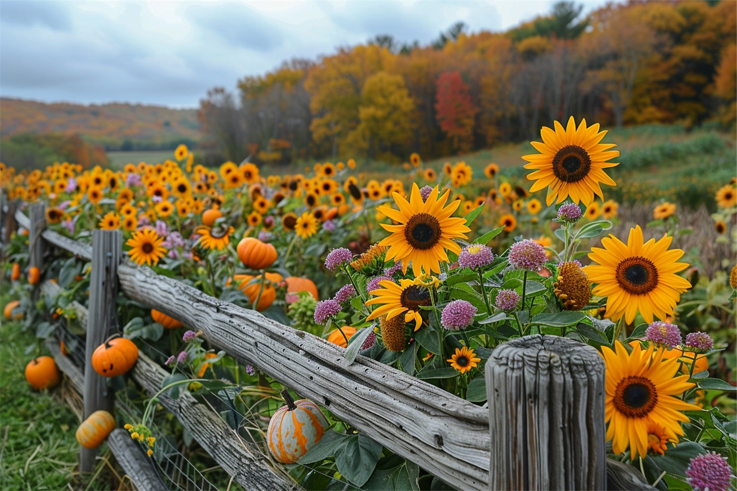 Golden Sunflowers Pumpkins Rustic Wooden Fence Backdrop UK BRP9-185