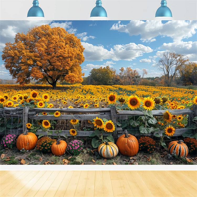 Autumn Sunflower Field Large Tree Pumpkins Backdrop UK BRP9-186