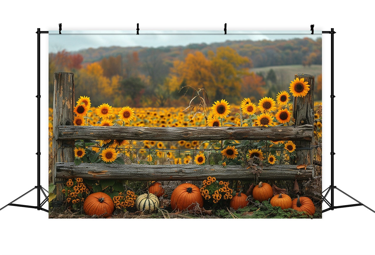 Golden Autumn Sunflowers Pumpkins Fence Backdrop UK BRP9-187