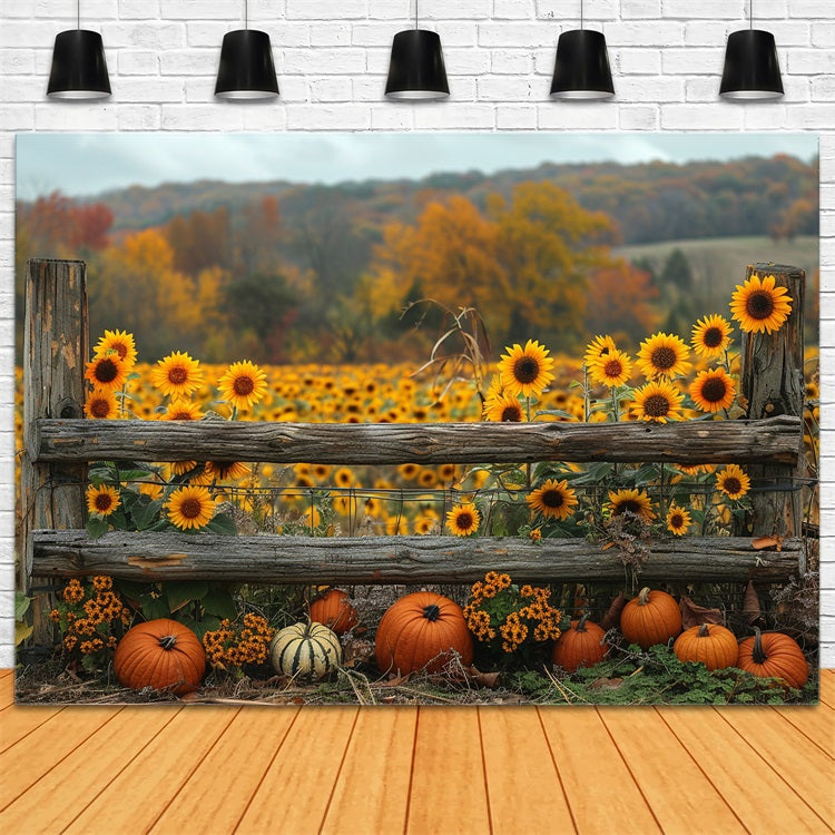 Golden Autumn Sunflowers Pumpkins Fence Backdrop UK BRP9-187