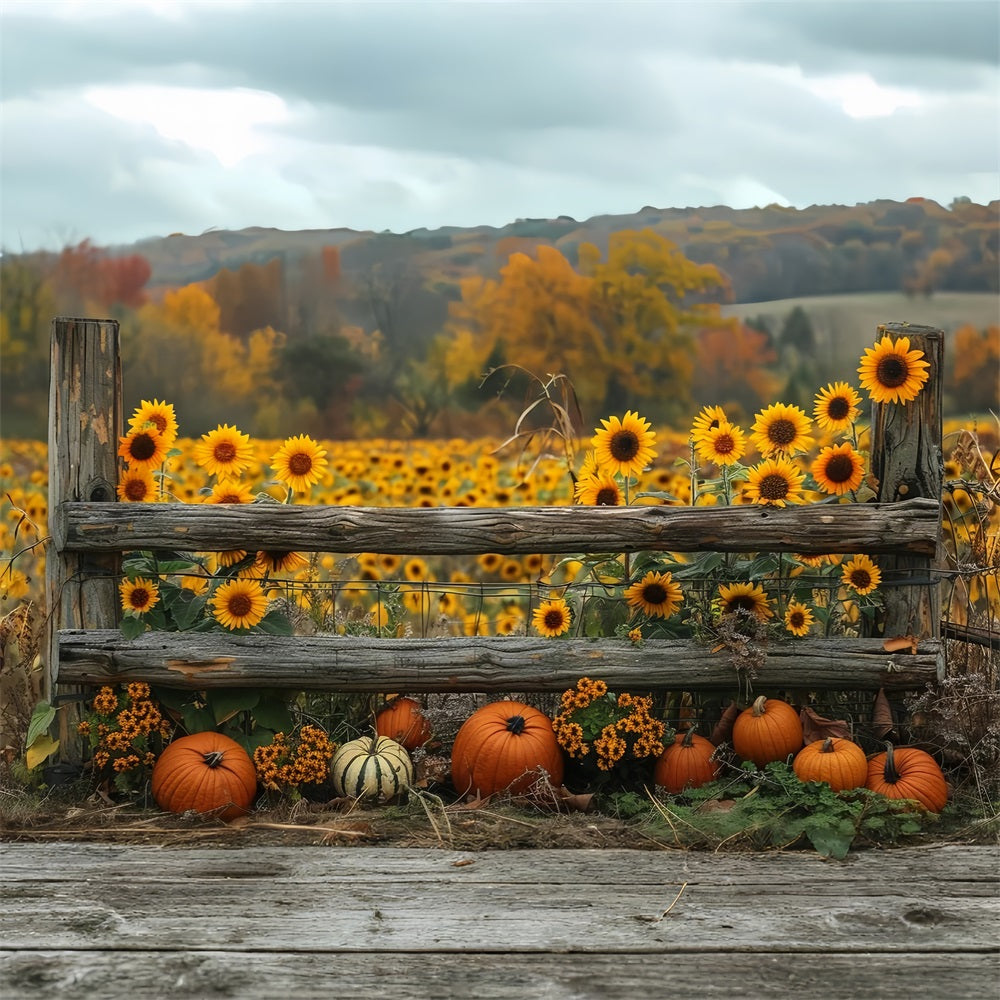 Golden Autumn Sunflowers Pumpkins Fence Backdrop UK BRP9-187