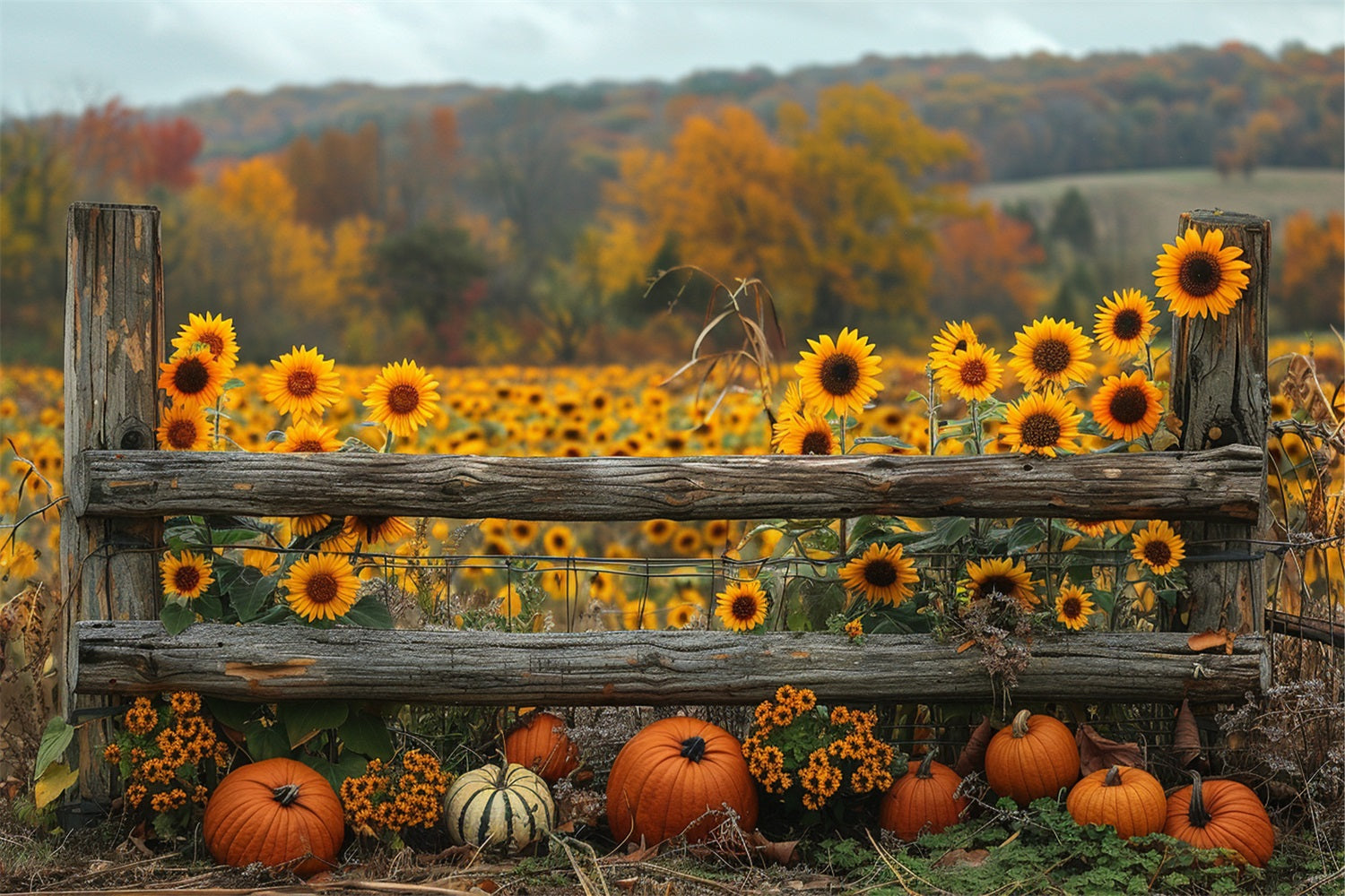 Golden Autumn Sunflowers Pumpkins Fence Backdrop UK BRP9-187