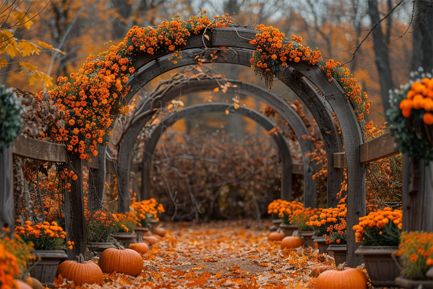 Autumn Floral Archway Pumpkins Falling Leaves Backdrop UK BRP9-188