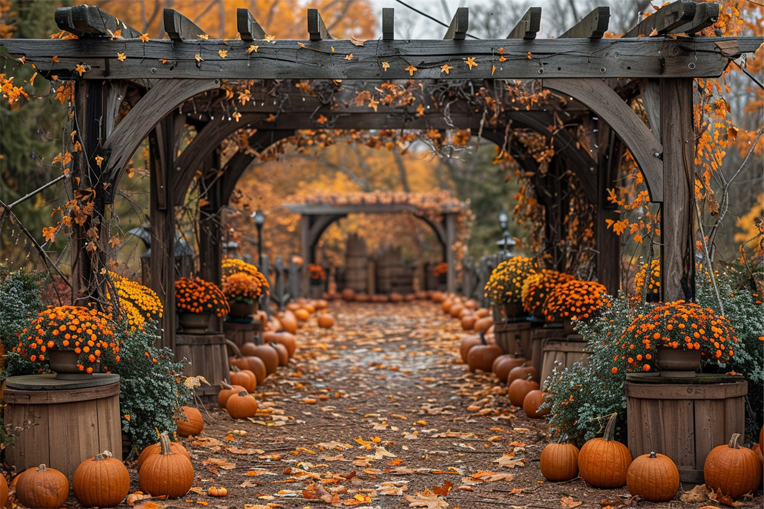 Charming Fall Pathway Pumpkins Flowering Arches Backdrop UK BRP9-190