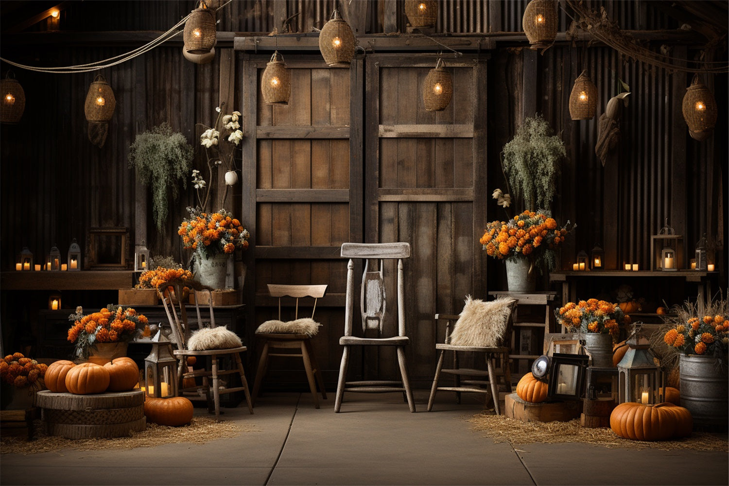 Cozy Autumn Indoor Pumpkins Warm Lighting Backdrop UK BRP9-191