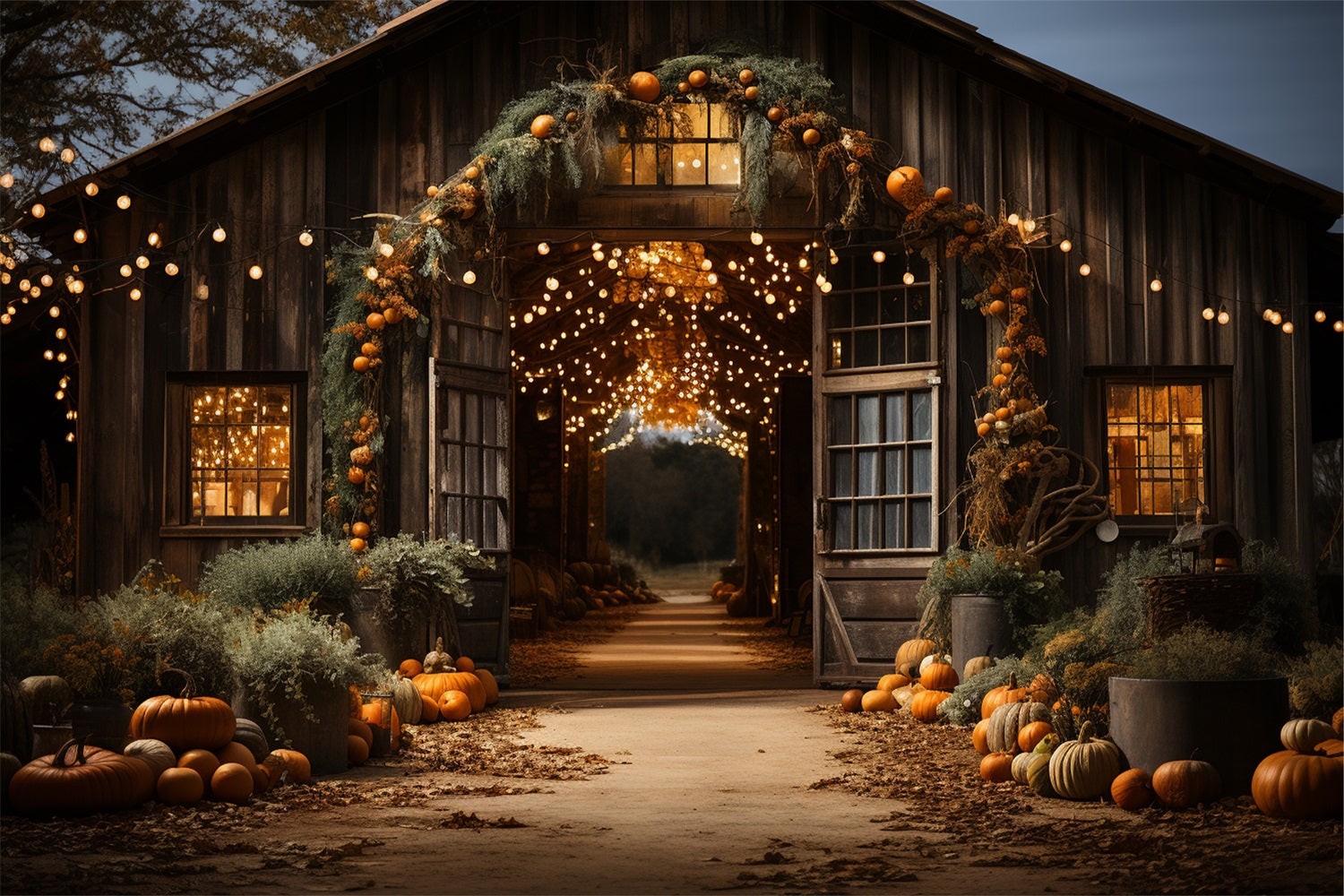 Glowing Barn Entrance Fall Pumpkins Backdrop UK BRP9-192