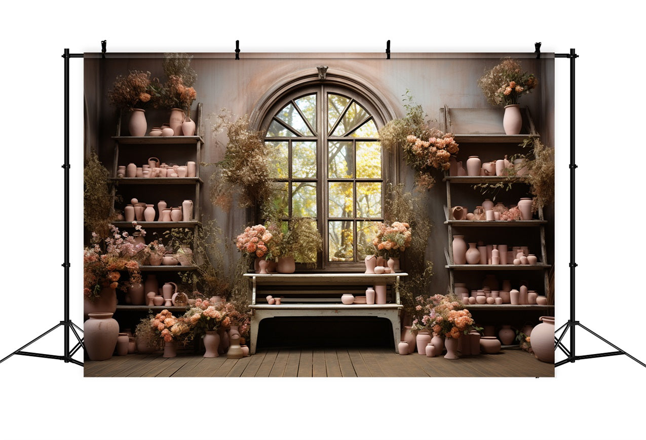 Elegant Pink Pottery Floral Window Display Backdrop UK BRP9-194