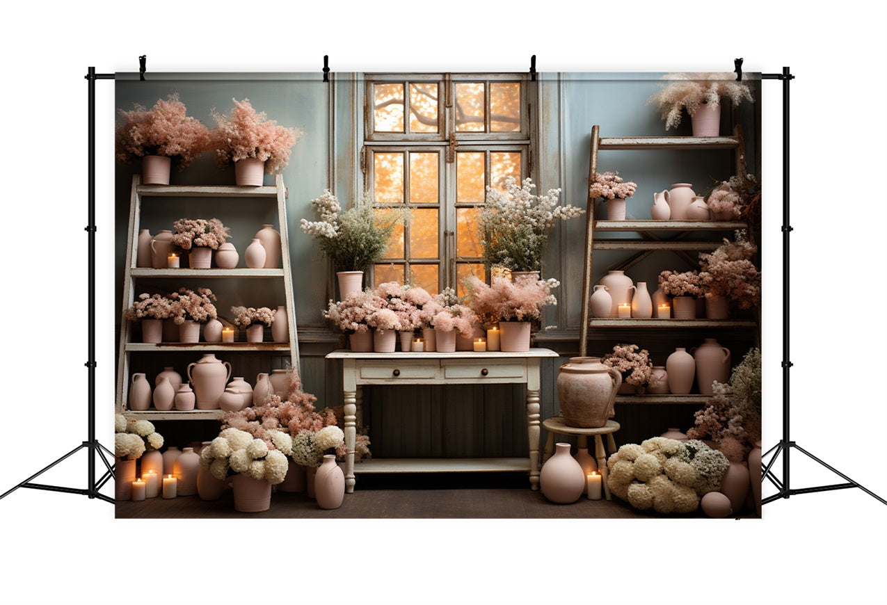 Soft Pink Pottery Floral Window Setting Backdrop UK BRP9-195