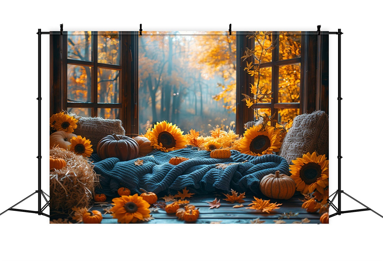 Warm Autumn Sunflower Pumpkin Cozy Window Backdrop UK BRP9-205