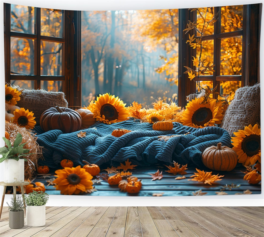 Warm Autumn Sunflower Pumpkin Cozy Window Backdrop UK BRP9-205