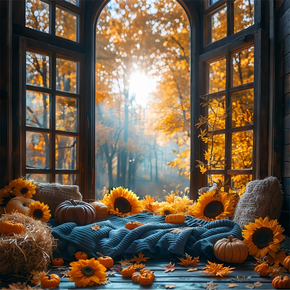 Warm Autumn Sunflower Pumpkin Cozy Window Backdrop UK BRP9-205