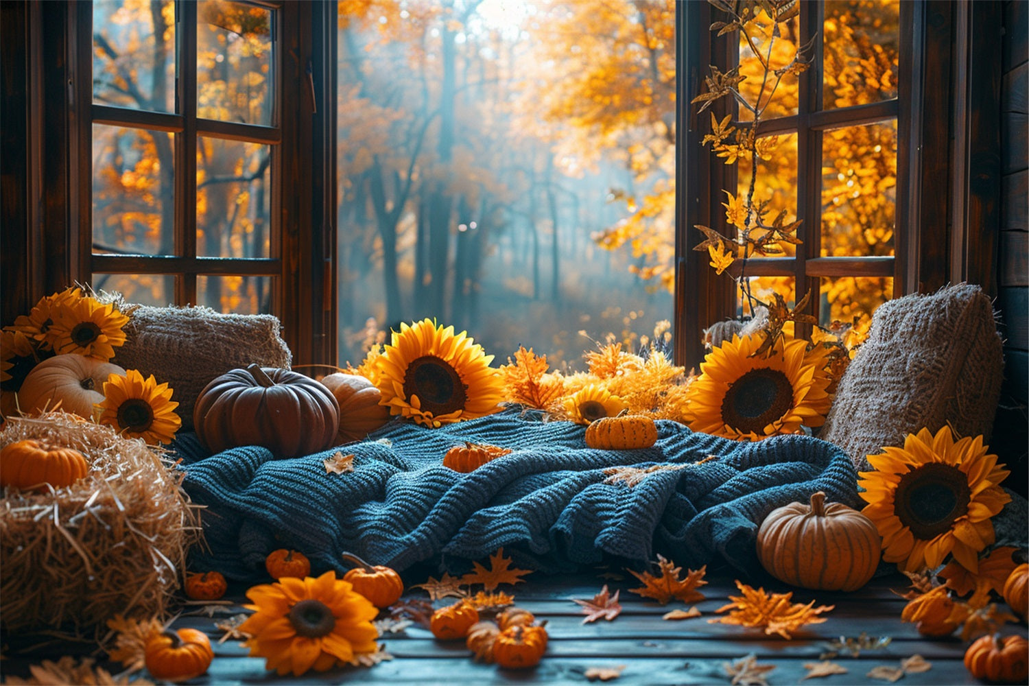 Warm Autumn Sunflower Pumpkin Cozy Window Backdrop UK BRP9-205