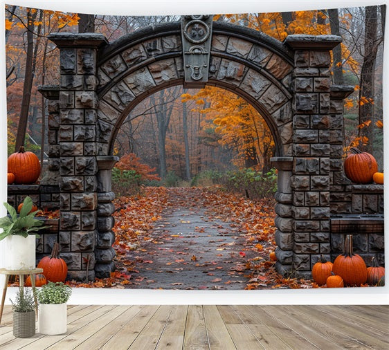 Ancient Stone Arch Pumpkin Fall Scene Backdrop UK BRP9-209