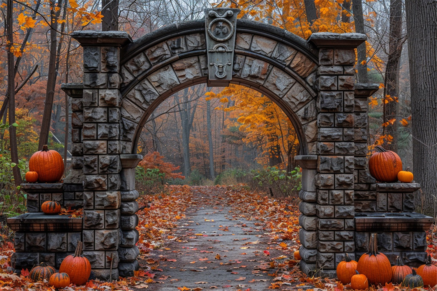 Ancient Stone Arch Pumpkin Fall Scene Backdrop UK BRP9-209