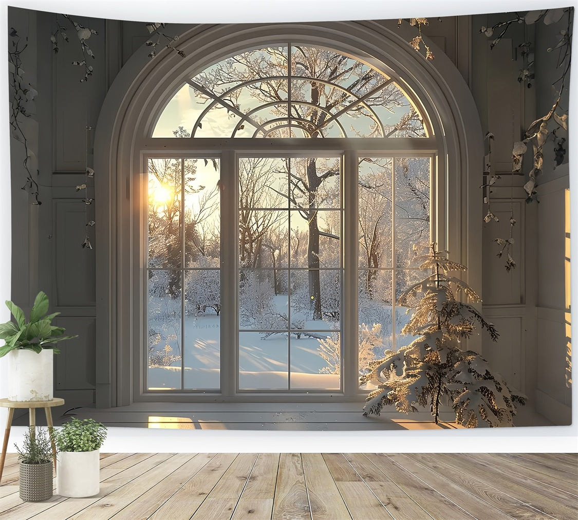 Winter Snow Trees Sunrise Window Scene Backdrop UK BRP9-236