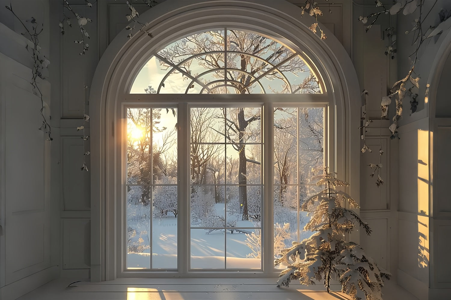 Winter Snow Trees Sunrise Window Scene Backdrop UK BRP9-236