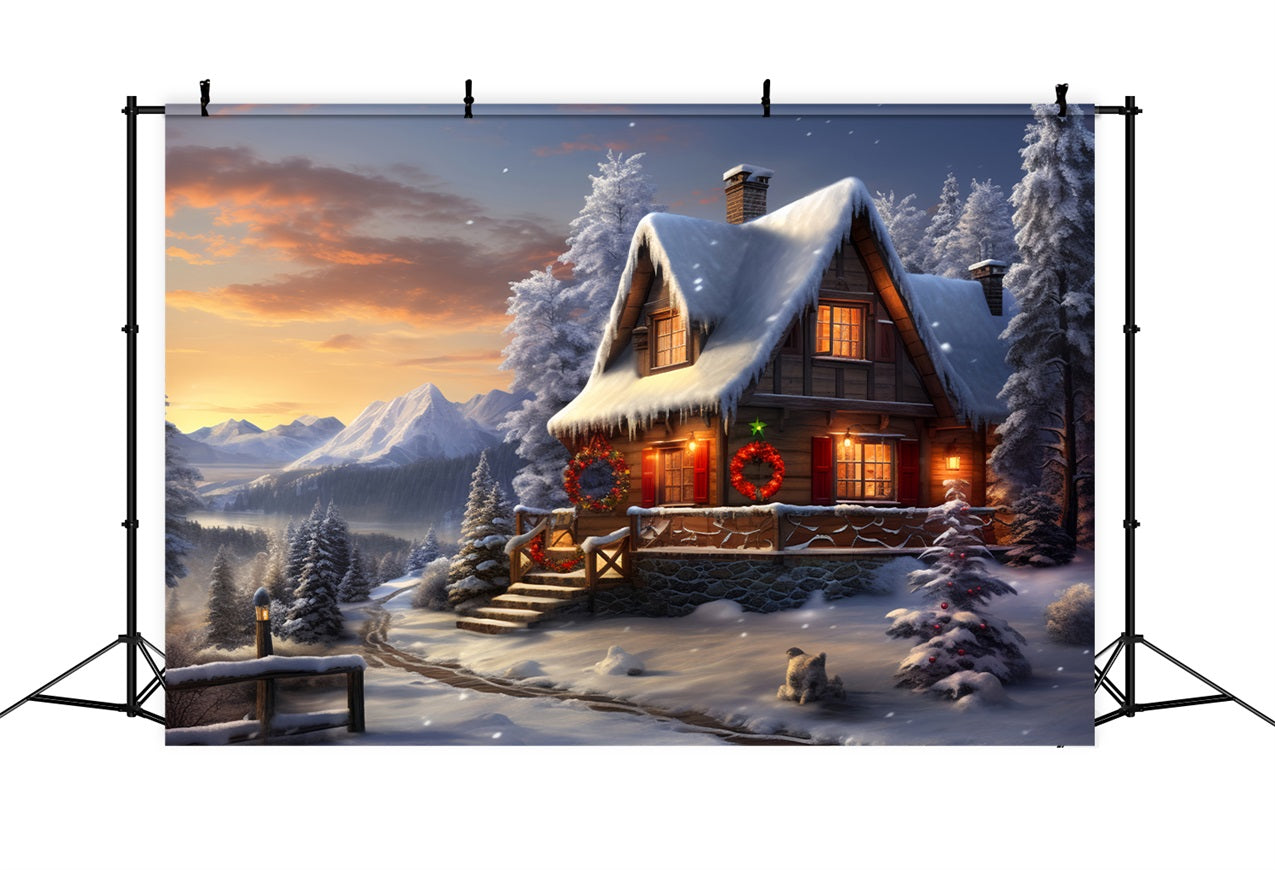 Winter Wonderland Sunset Cozy Cabin Backdrop UK BRP9-238