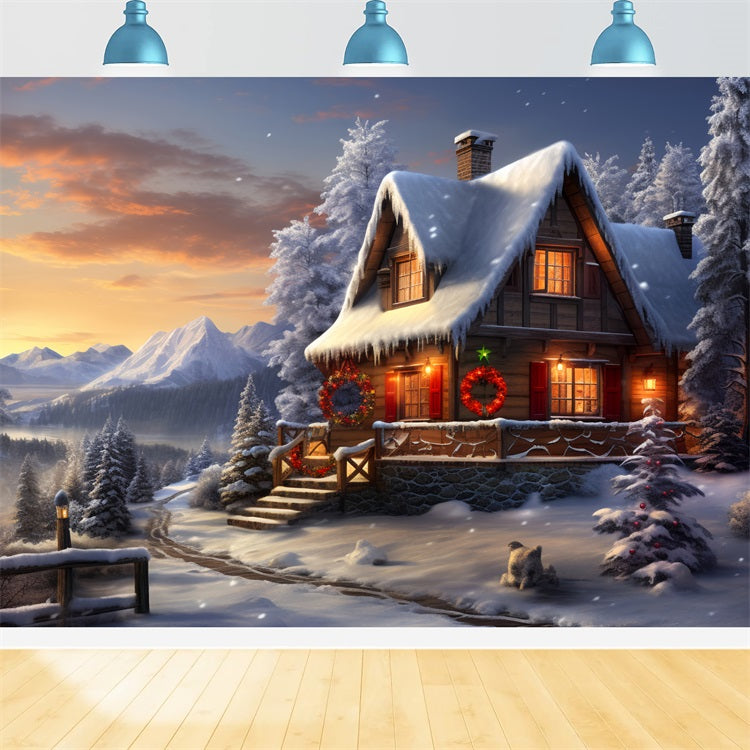 Winter Wonderland Sunset Cozy Cabin Backdrop UK BRP9-238