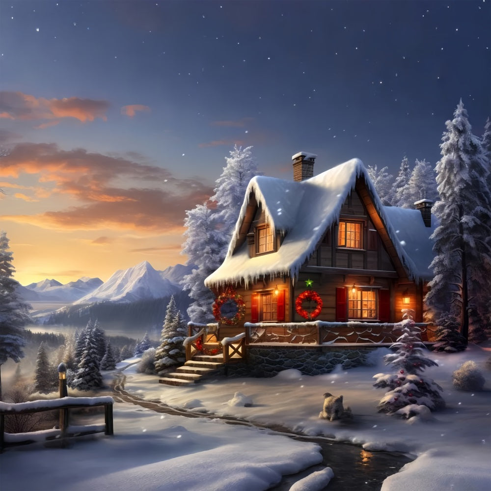 Winter Wonderland Sunset Cozy Cabin Backdrop UK BRP9-238