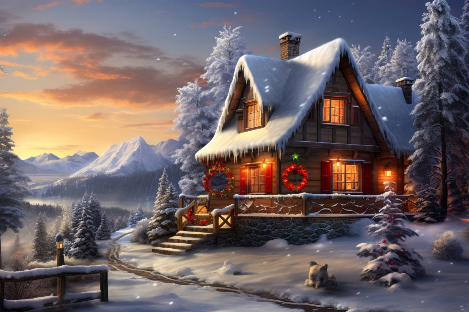 Winter Wonderland Sunset Cozy Cabin Backdrop UK BRP9-238