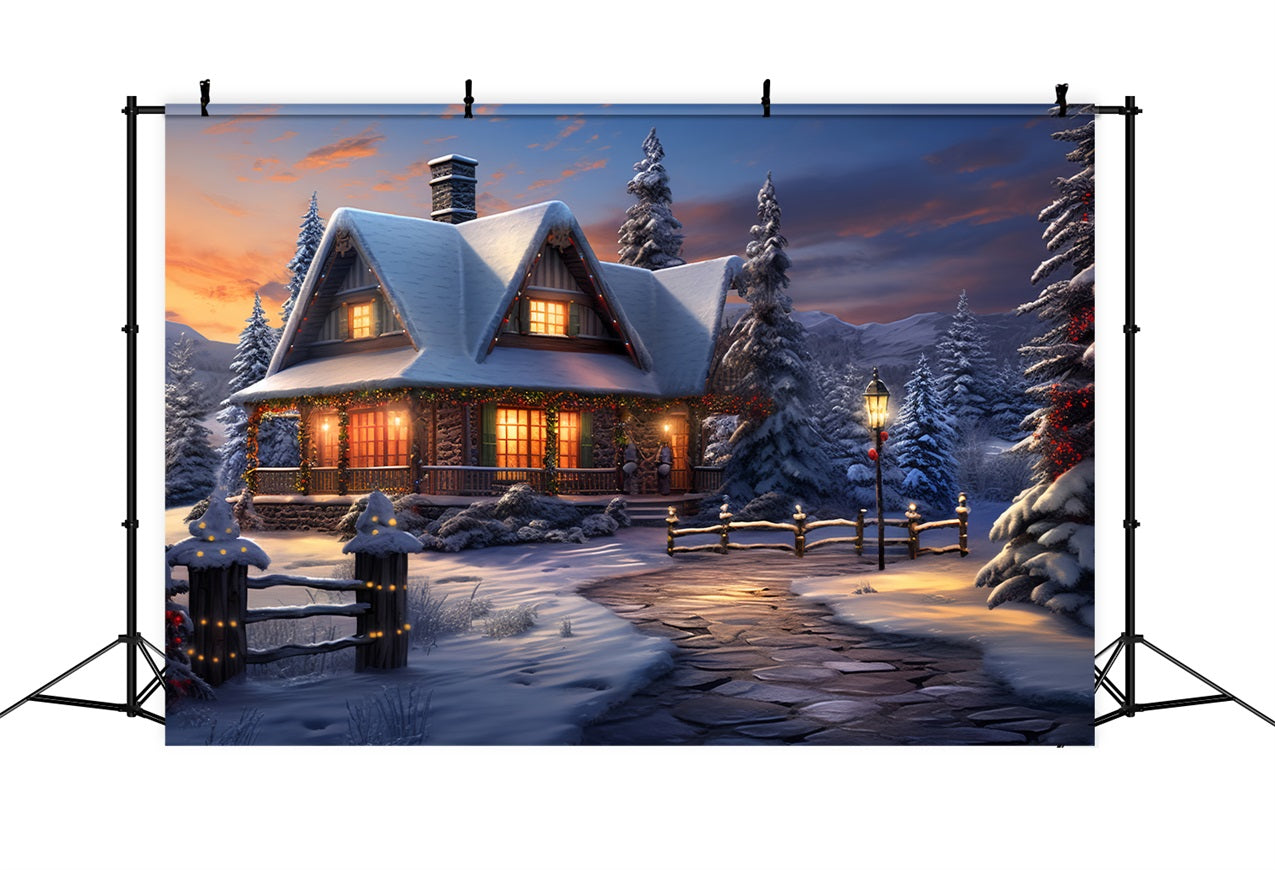 Cozy Winter Cabin Frosty Mountain Scene Backdrop UK BRP9-239