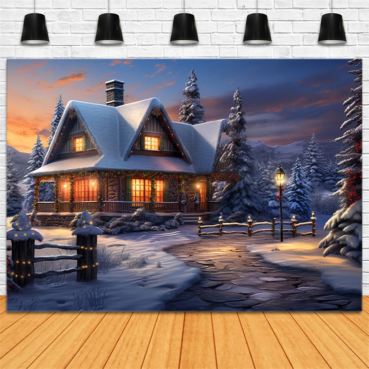 Cozy Winter Cabin Frosty Mountain Scene Backdrop UK BRP9-239