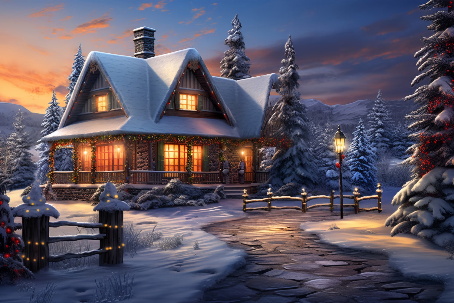 Cozy Winter Cabin Frosty Mountain Scene Backdrop UK BRP9-239