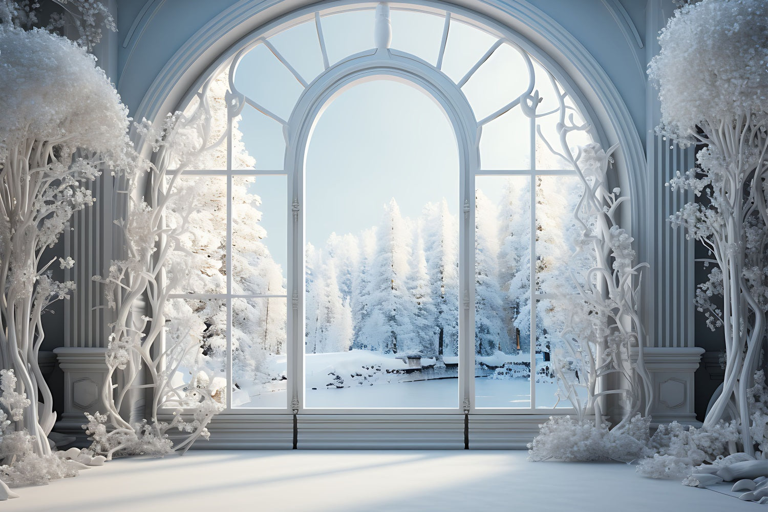 Frosty Winter Scene Grand Arched Window Backdrop UK BRP9-241