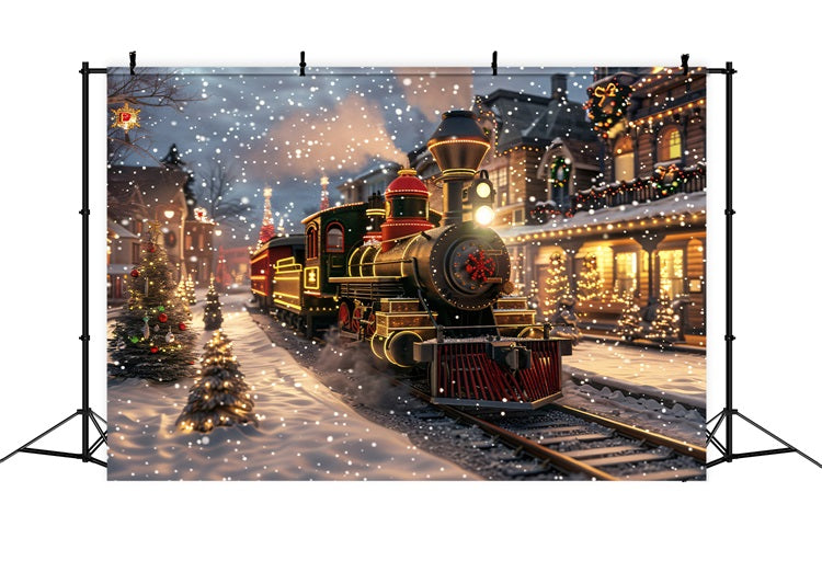 Winter Snowy Street Train Festive Lights Backdrop UK BRP9-250