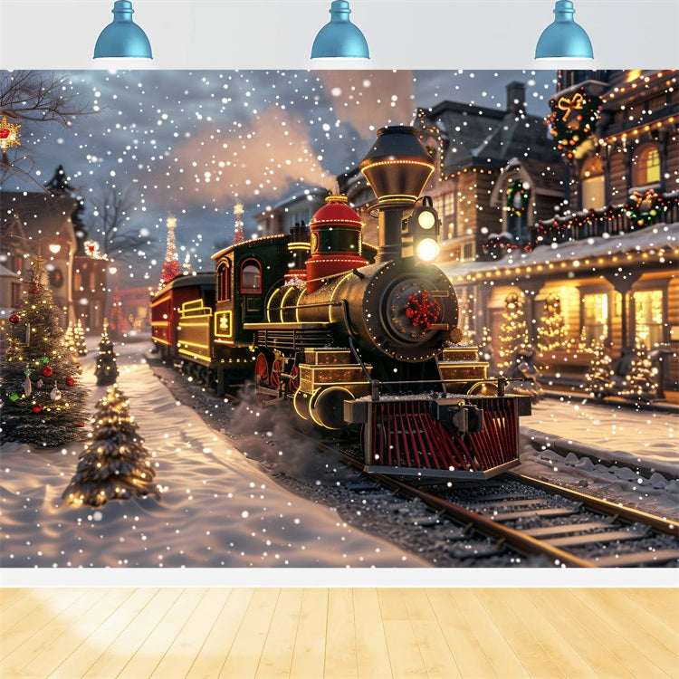 Winter Snowy Street Train Festive Lights Backdrop UK BRP9-250