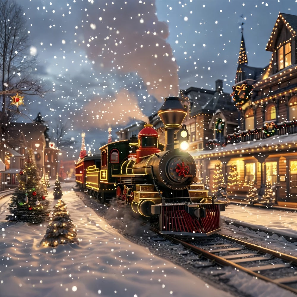 Winter Snowy Street Train Festive Lights Backdrop UK BRP9-250