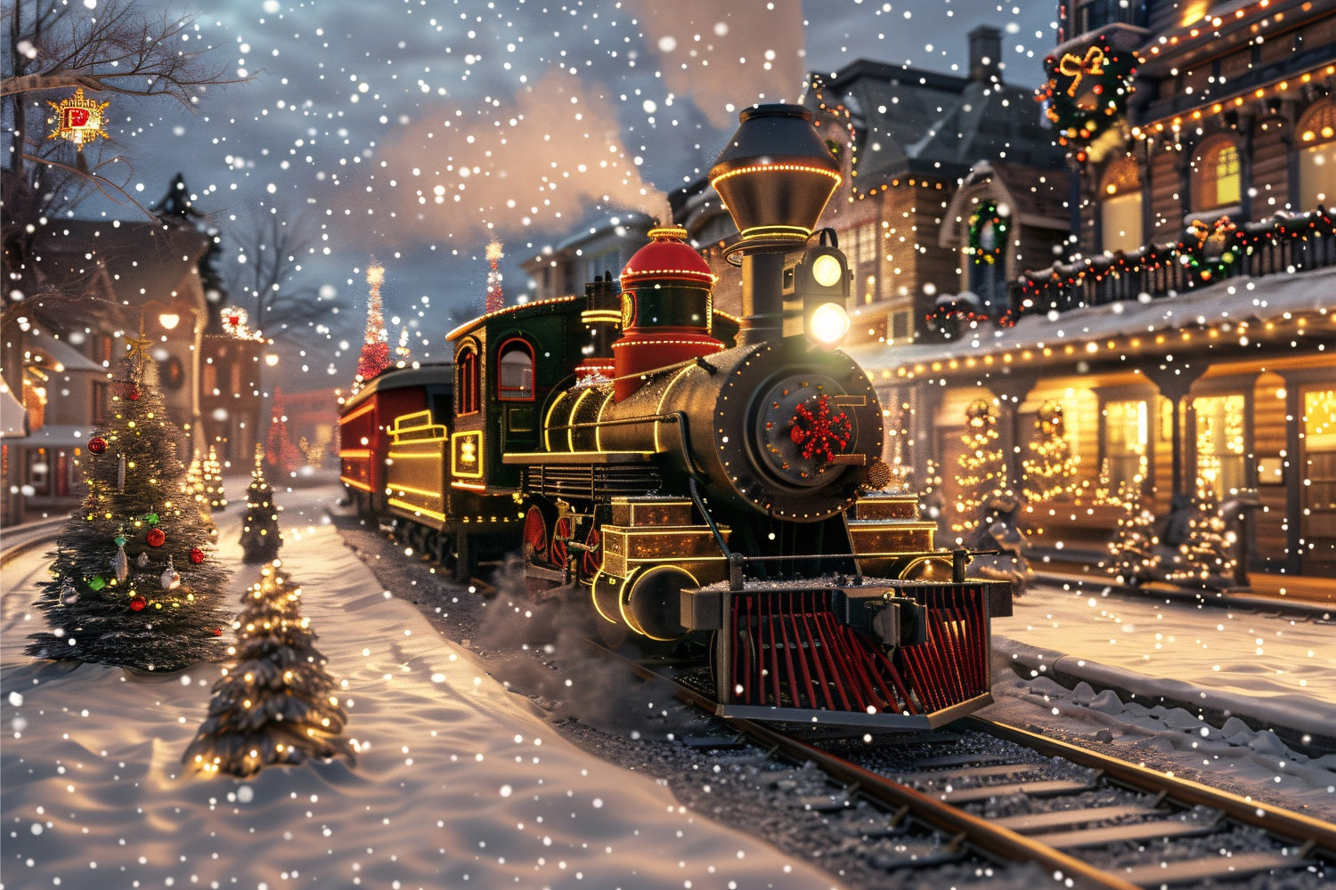 Winter Snowy Street Train Festive Lights Backdrop UK BRP9-250