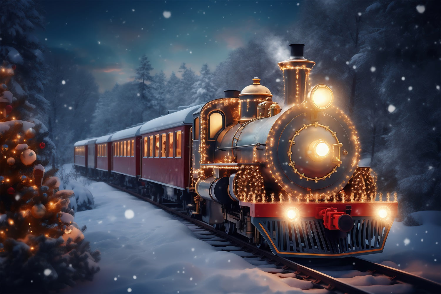 Glowing Steam Engine Winter Wonderland Backdrop UK BRP9-251