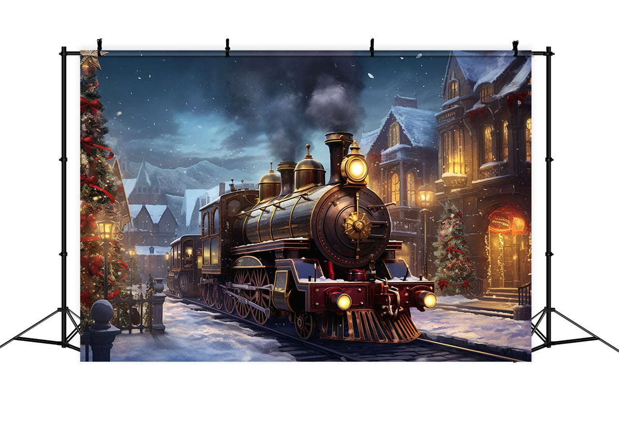 Winter Snow Covered Town Train Photography Backdrop UK BRP9-252