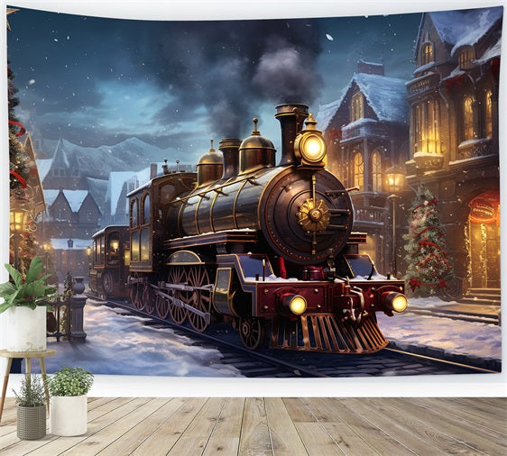 Winter Snow Covered Town Train Photography Backdrop UK BRP9-252