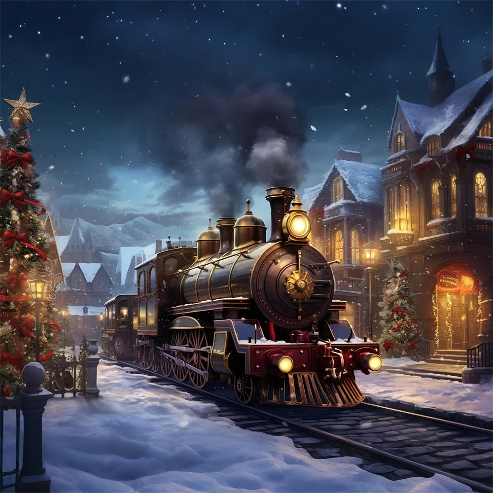 Winter Snow Covered Town Train Photography Backdrop UK BRP9-252