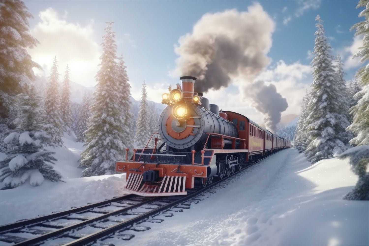 Winter Bright Snowy Morning Train Ride Backdrop UK BRP9-253