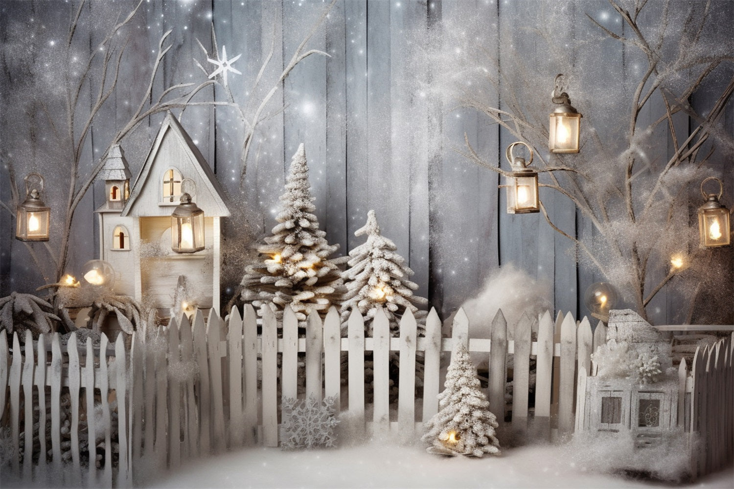 Winter Wonderland Snowy Fence Lanterns Backdrop UK BRP9-259