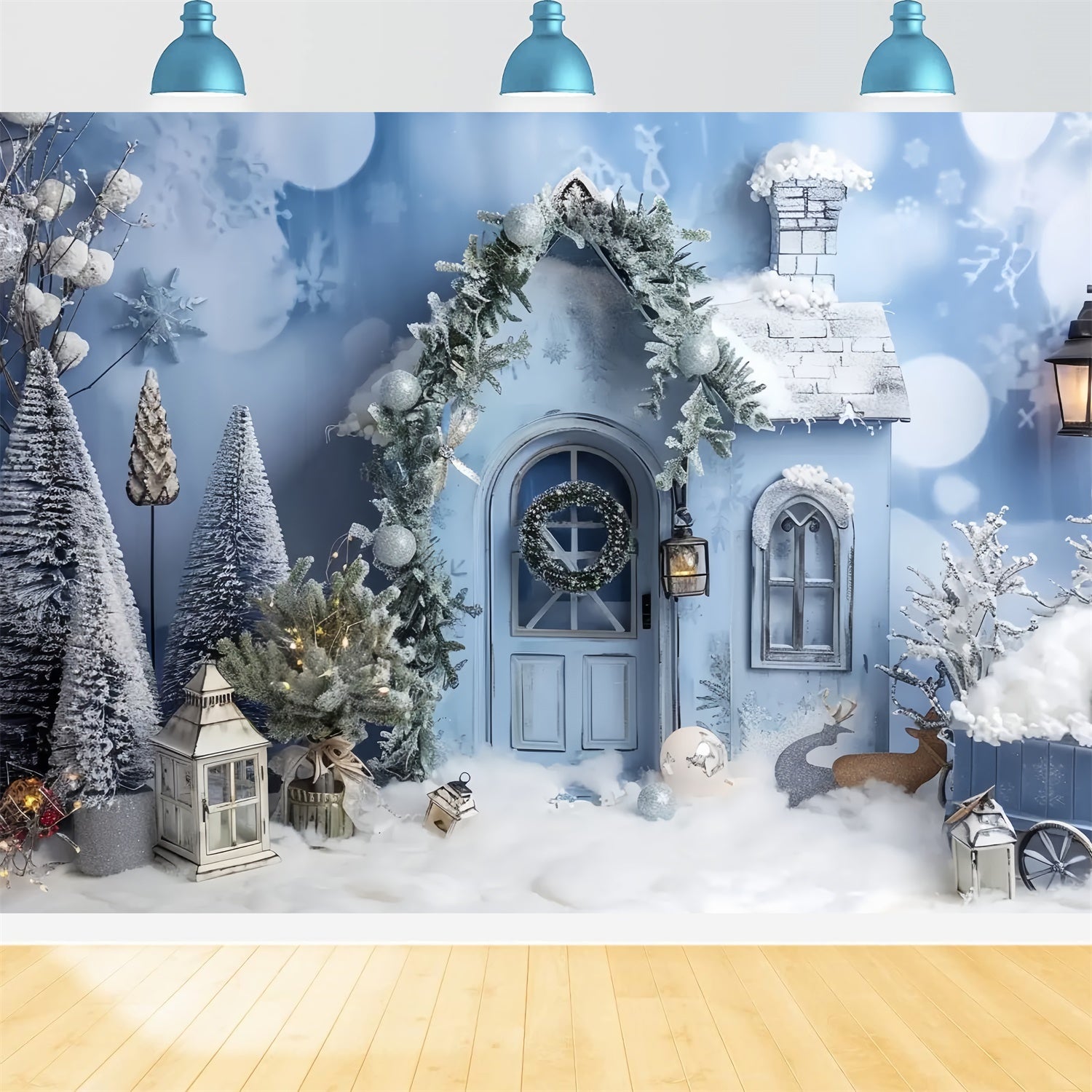 Snow-Covered Christmas Woodland Lodge Scene Backdrop UK BRP9-26