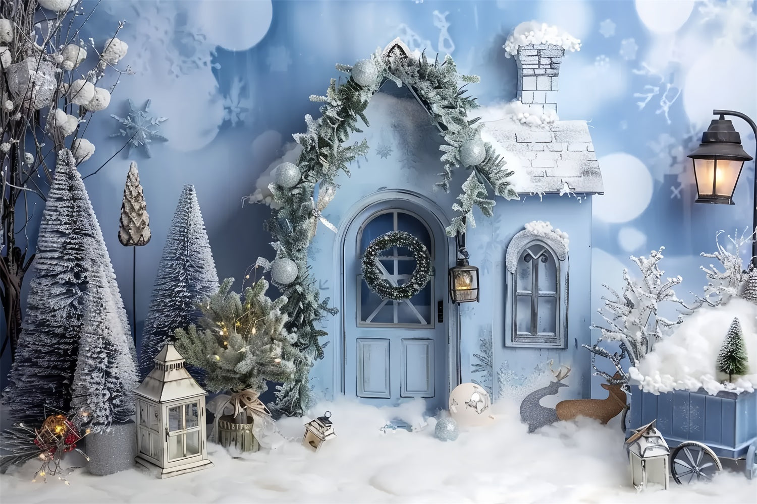 Snow-Covered Christmas Woodland Lodge Scene Backdrop UK BRP9-26