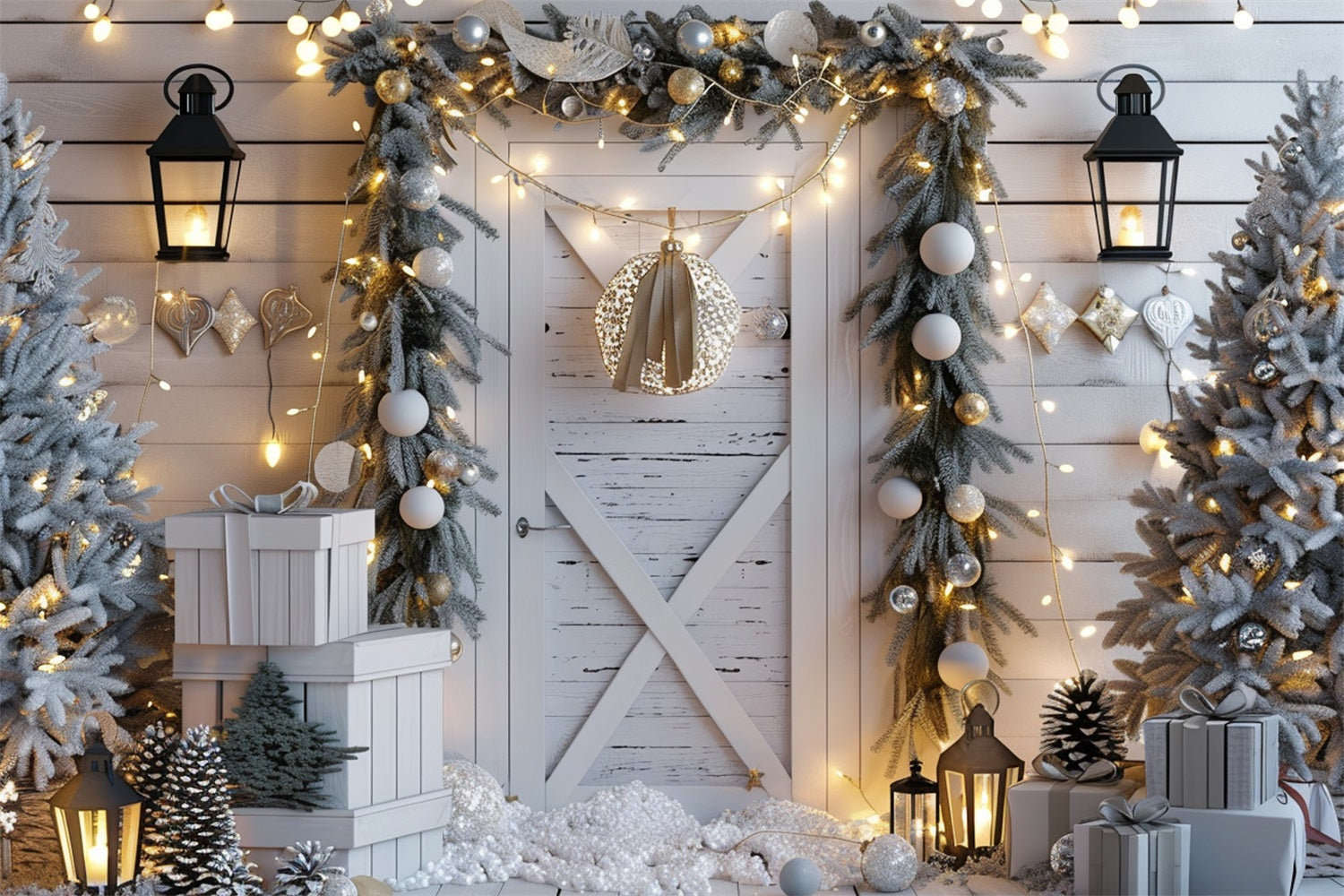 Winter Wonderland Door Frosted Pines Lights Backdrop UK BRP9-261