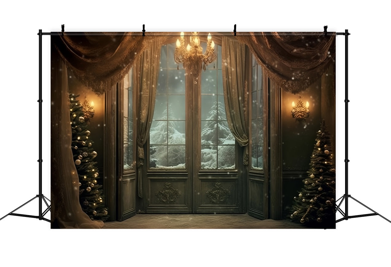 Winter Forest View Through Ornate Windows Backdrop UK BRP9-263