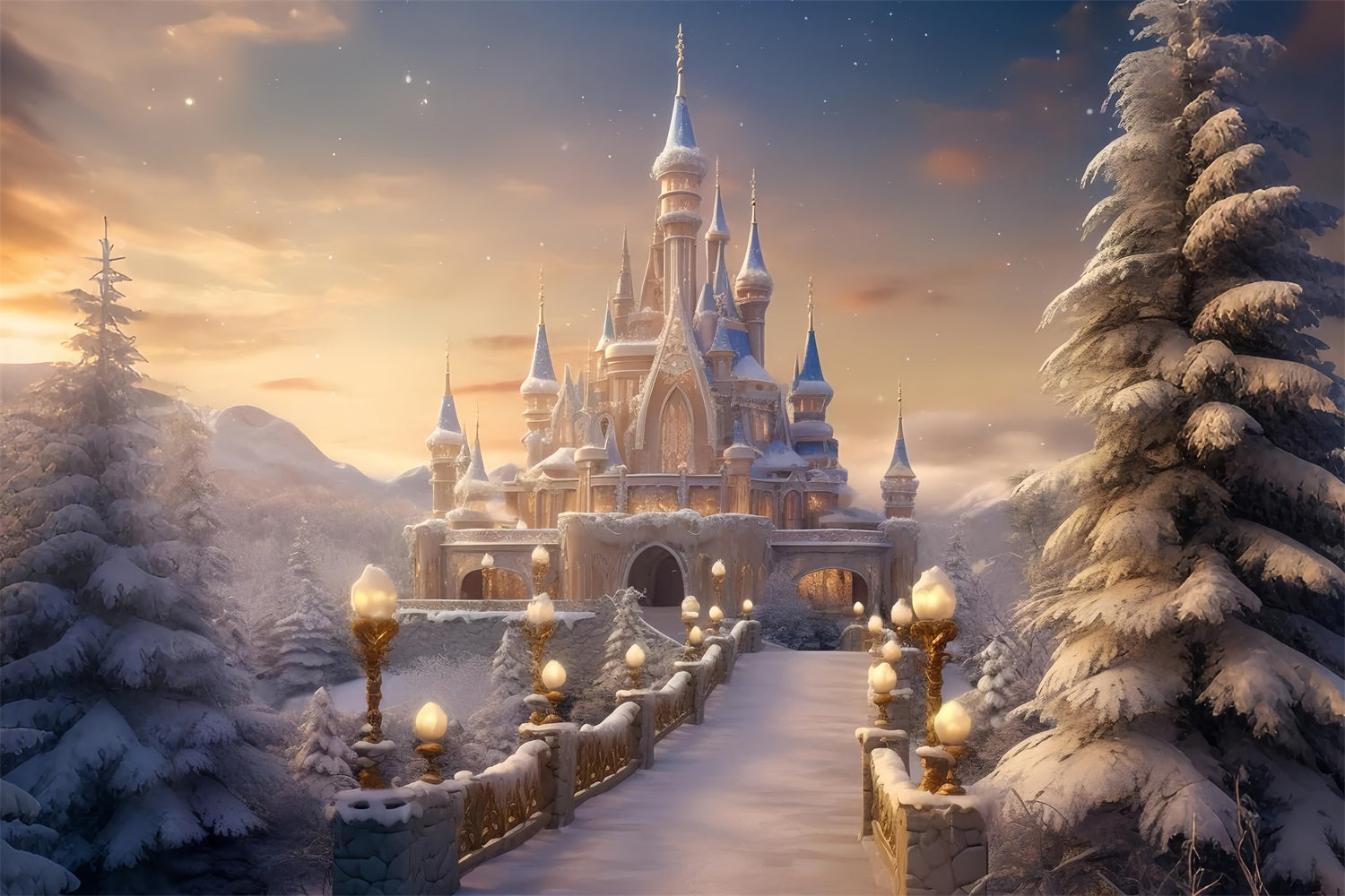 Fairytale Castle Winter Wonderland Sunset Backdrop UK BRP9-265